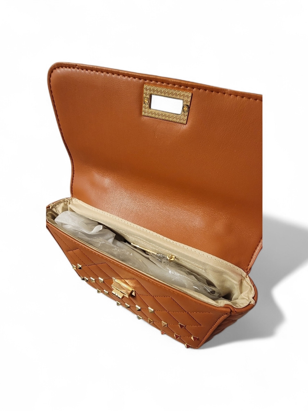 Studded Quilted Mini Satchel in Tan - Picture 2 of 4